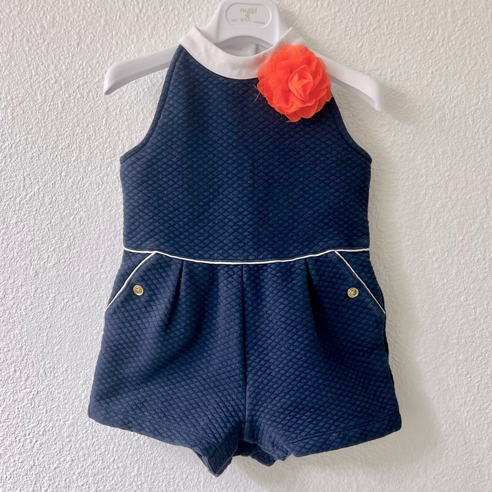 ♥️HP JANIE AND JACK Quilted Bloom Romper Sz 18-24 M Navy White Jumpsuit Flower